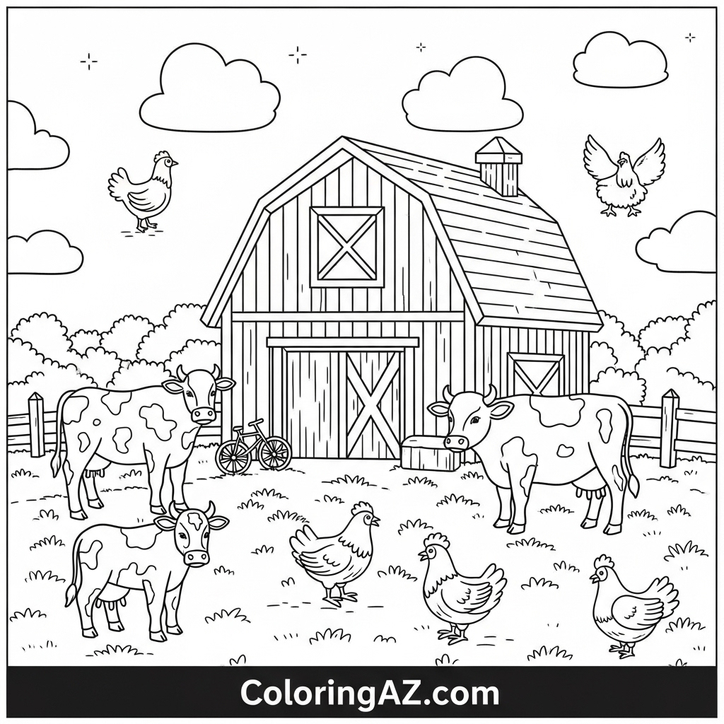Barn with animals outside