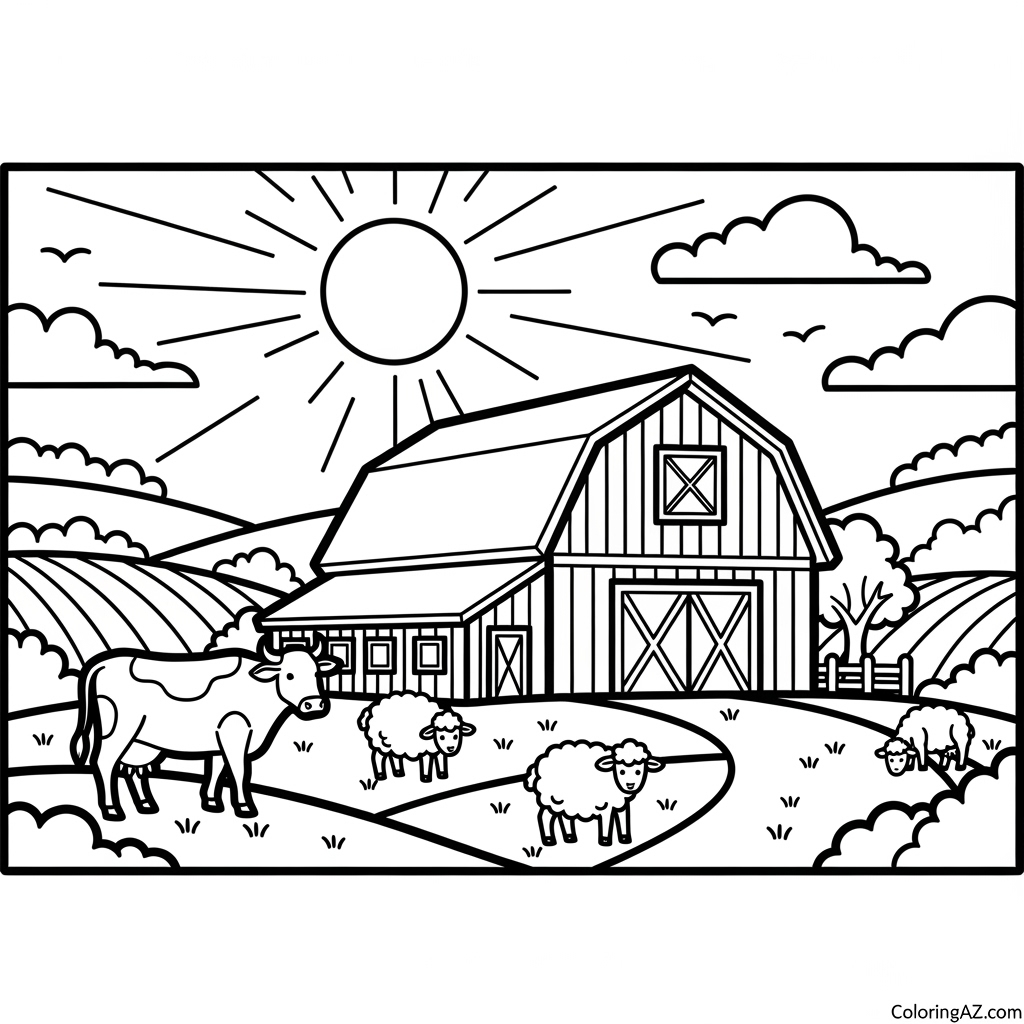 Colorful barn with cow