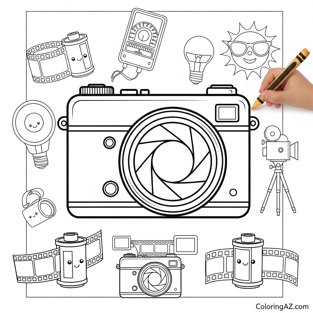 Camera Coloring Page: Free Printable Pages for Kids 6 Line art of a camera with a shutter button
