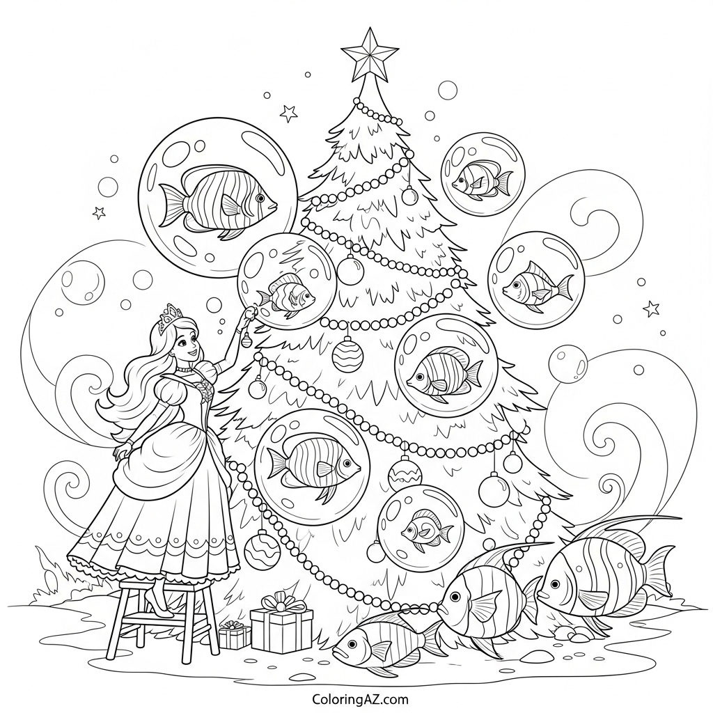 Cute Christmas Ariel Coloring Pages for Kids